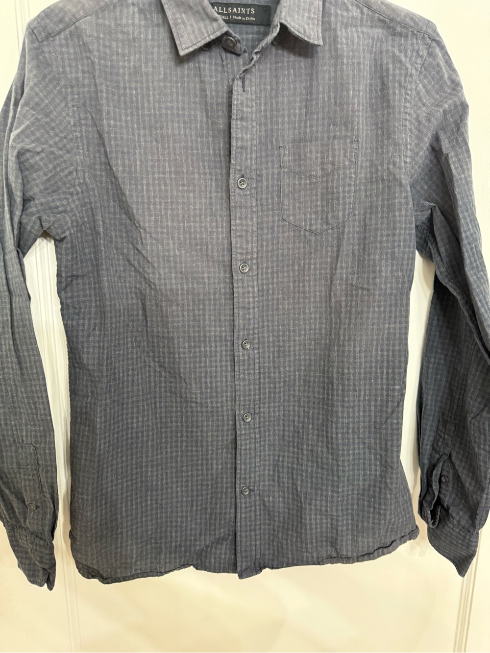 AllSaints long-sleeve men's button-up shirt with dark micro-check/plaid size XS